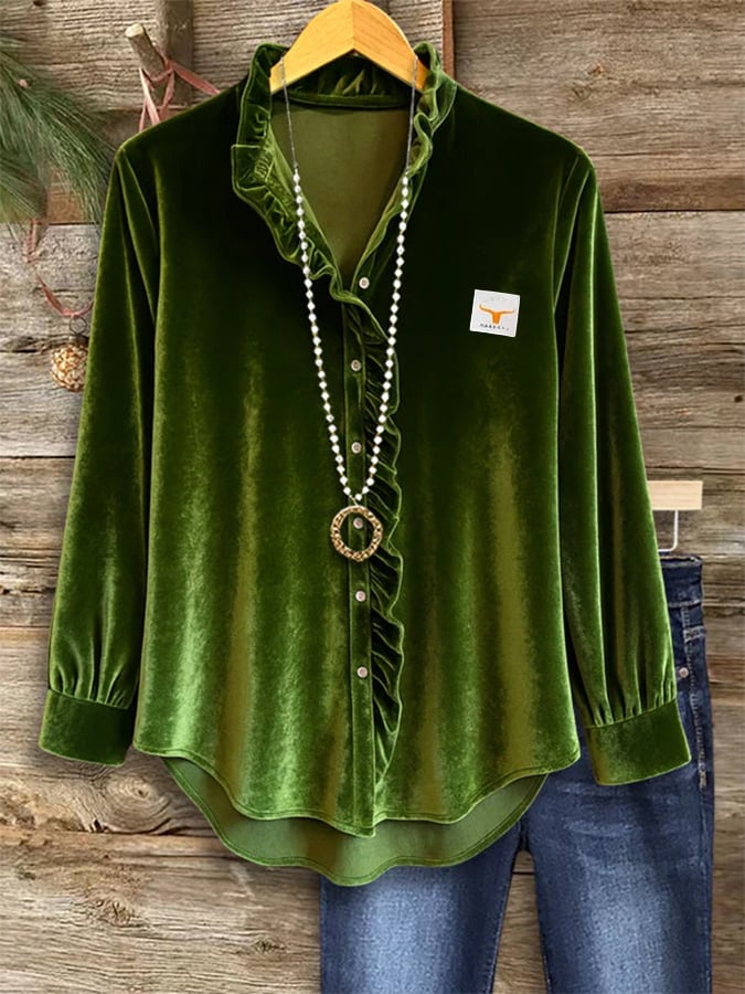 Women's Casual V-neck Ruffled Velvet Shirt