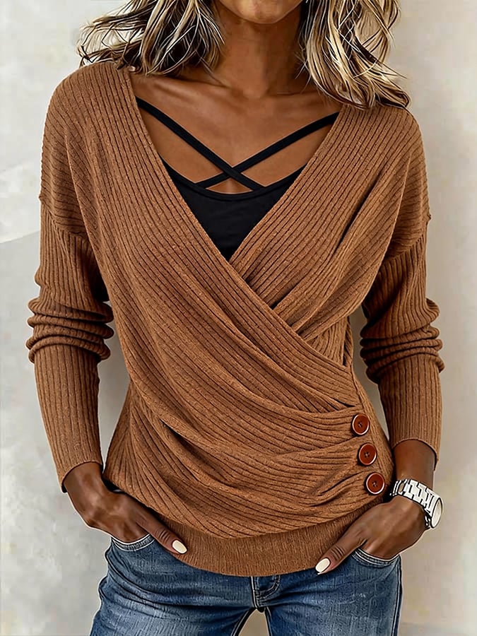 Women'S Casual Color-Blocked Faux Two-Piece Long-Sleeved Top