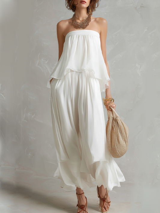 Bohemian White Chiffon Strapless Pantsuit