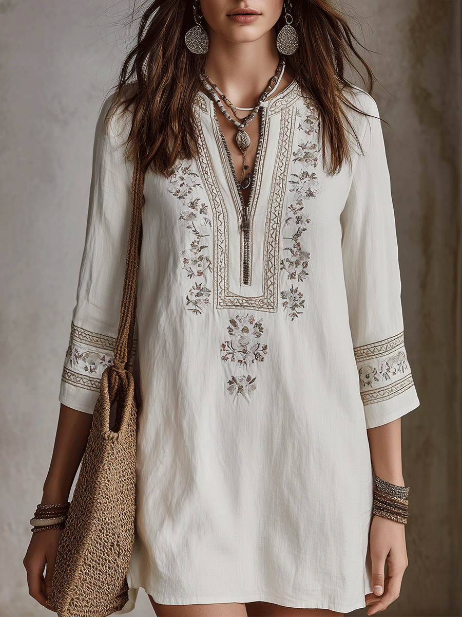 Vintage Ivory Embroidered Boho Tunic Mini Dress