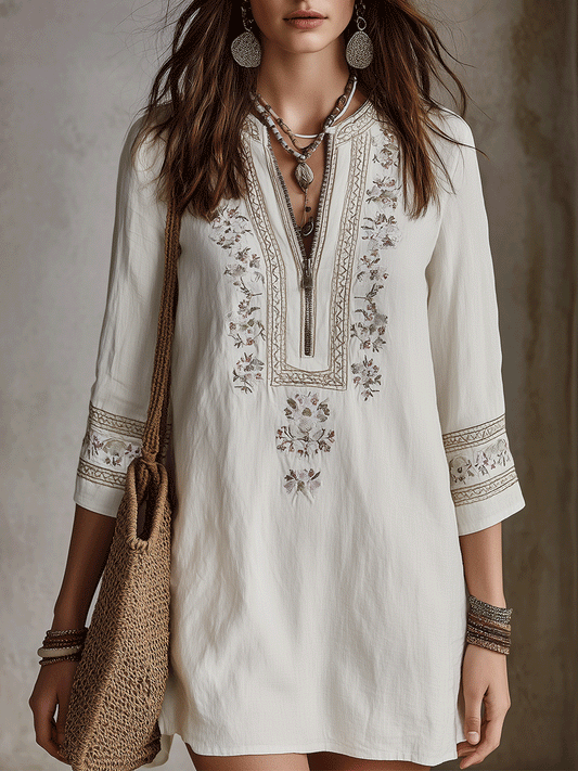 Vintage Ivory Embroidered Boho Tunic Mini Dress