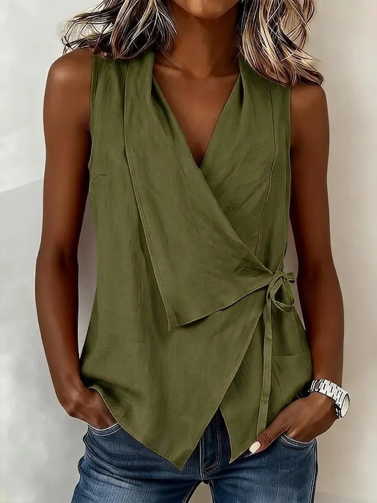 Casual Sleeveless Collared Linen-cotton Shirt
