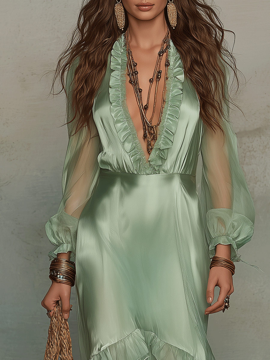 Effortless Boho Sheer Layered Ruffle Maxi Dress