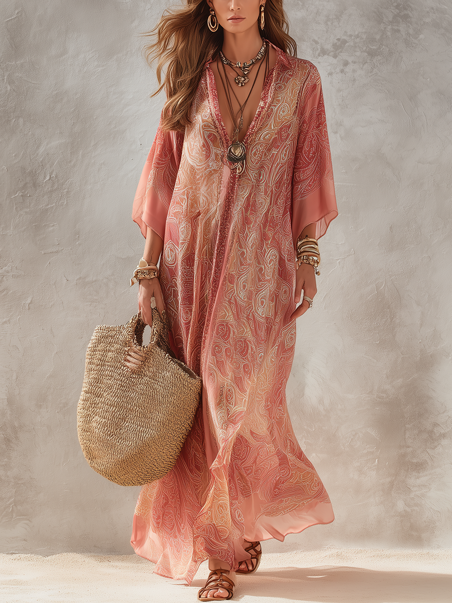 Sunset Coral V Neck Printed Flowing Maxi Dress