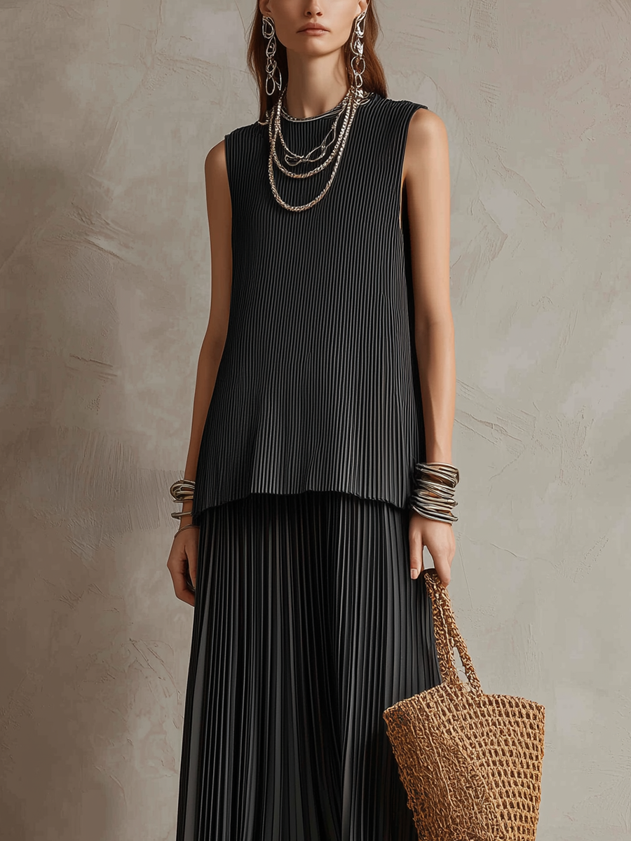 Black minimalist sleeveless top and flowing skirt set