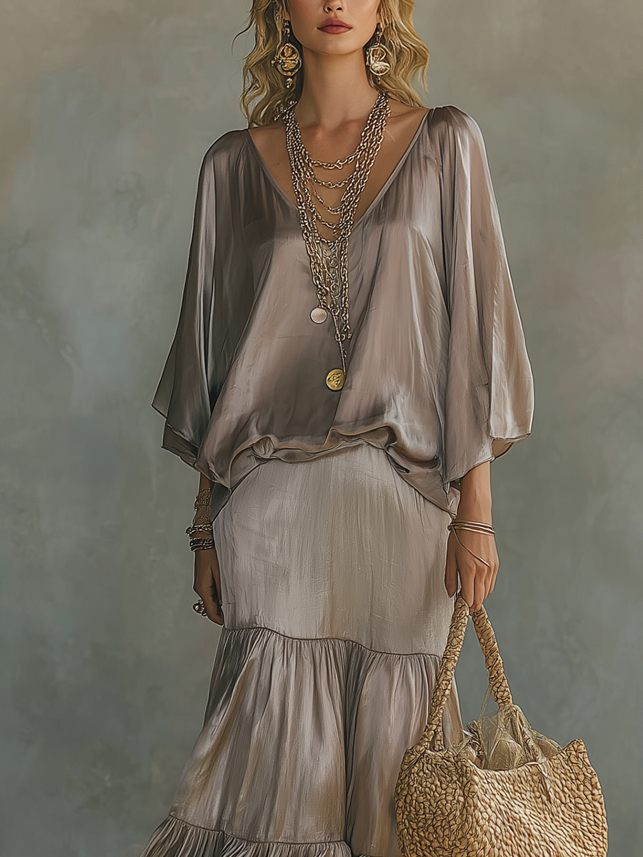 Soft Gray Flowing Ruffle Skirt Set