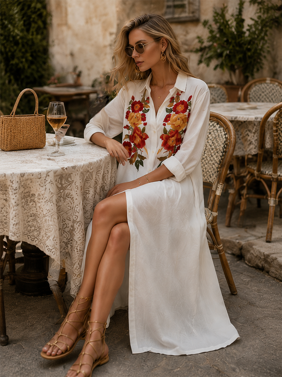 Coastal Chic White Button Front Floral Maxi Dress