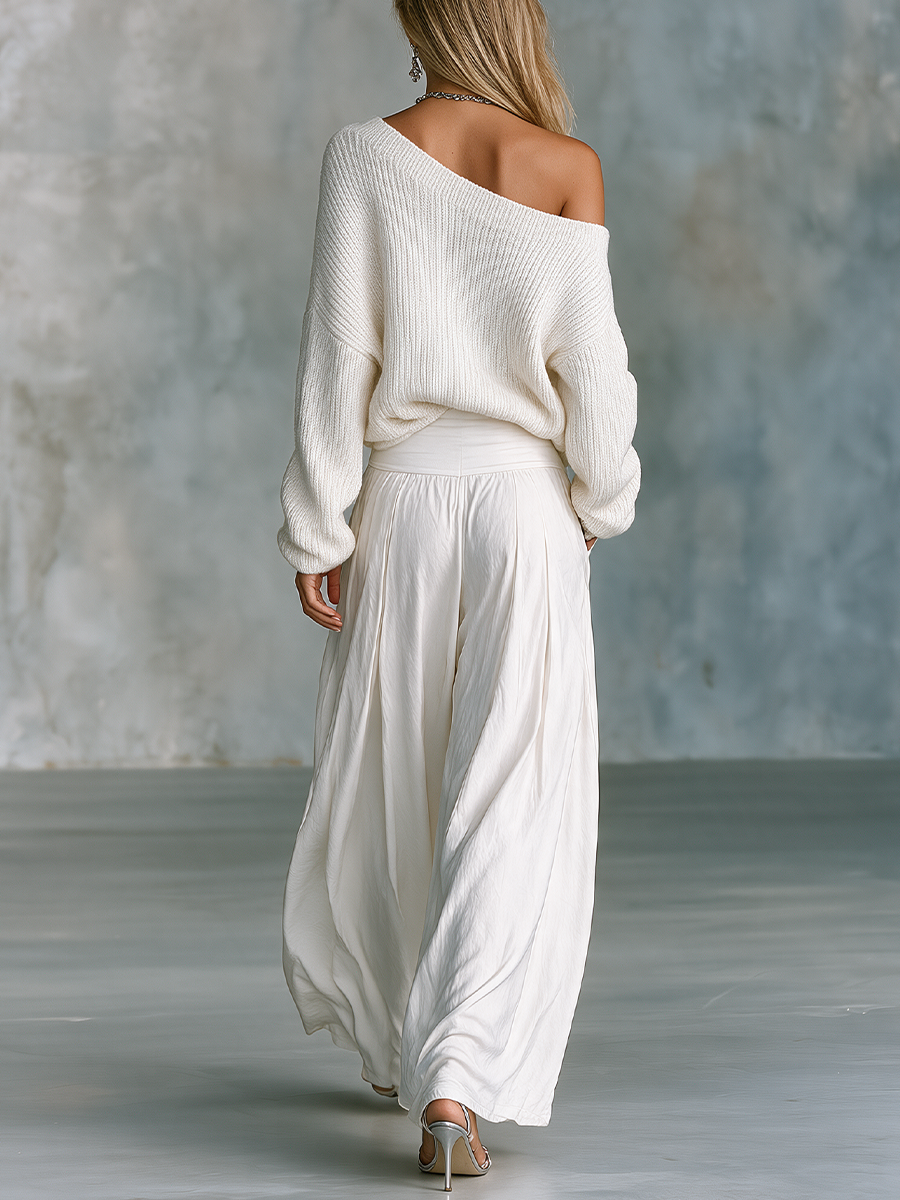 Coastal Luxe Off Shoulder Knit Top & Draped Wide Leg Pants Set