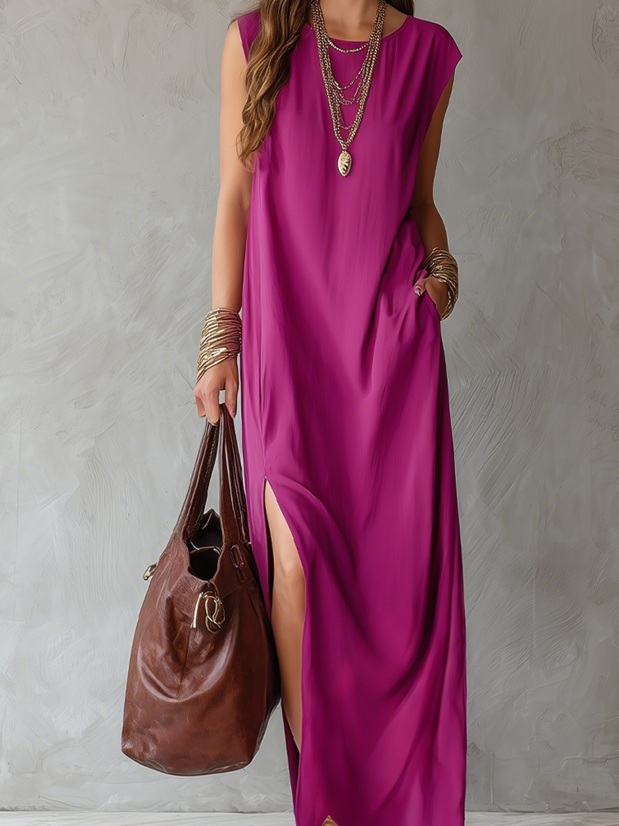 Purple Red Sleeveless Linen Side Slit Maxi Dress