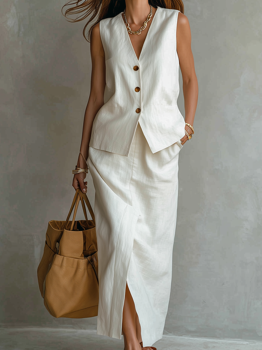 Minimalist Linen Vest  Split Midi Skirt Set
