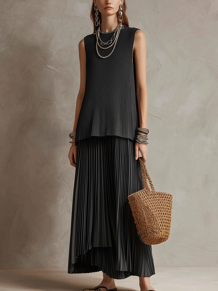 Black minimalist sleeveless top and flowing skirt set