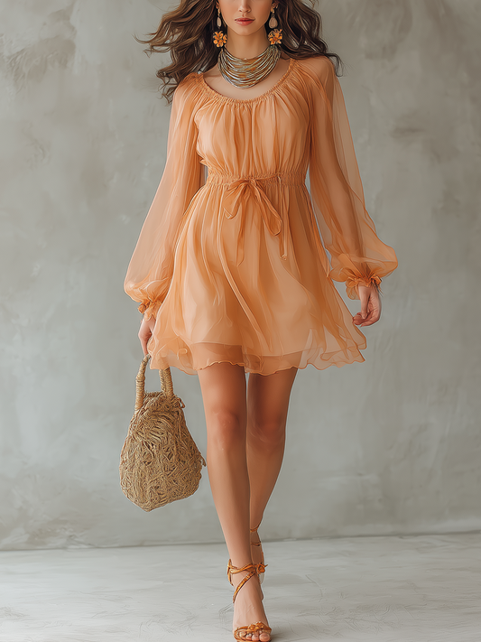 Orange Lightweight Chiffon Fitted Dress
