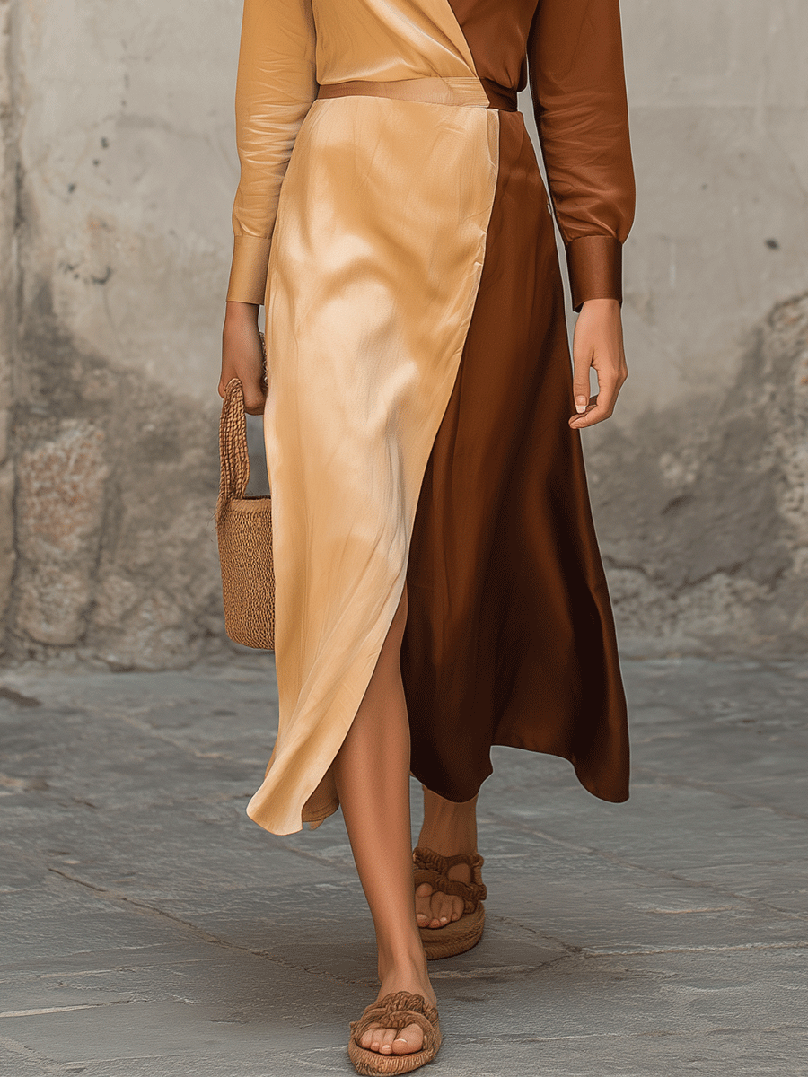 Effortless Two-Tone Wrap Dress With Fluid Drape