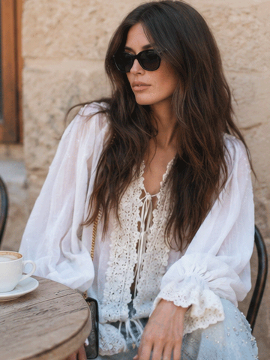 Romantic Boho Cotton-Gauze Crochet-Lace Tie-Front White Peasant Blouse