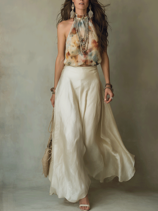 Bohemian Tie-Dye Halter Top & Flowing Maxi Skirt Set