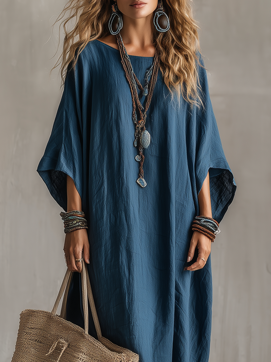 Deep Sea Blue Bohemian Style Kaftan Maxi Dress