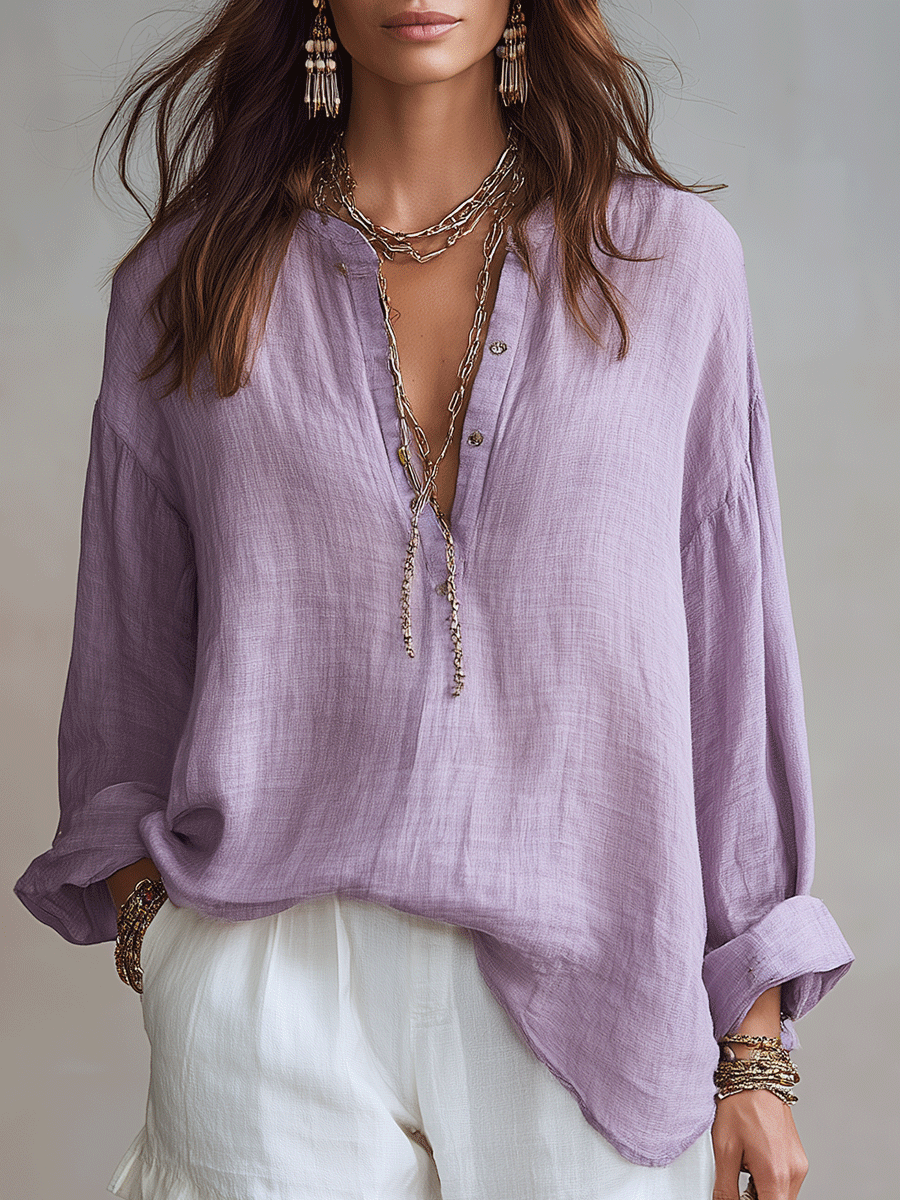 Effortless Lavender Linen Relaxed Boho Blouse And Short Set