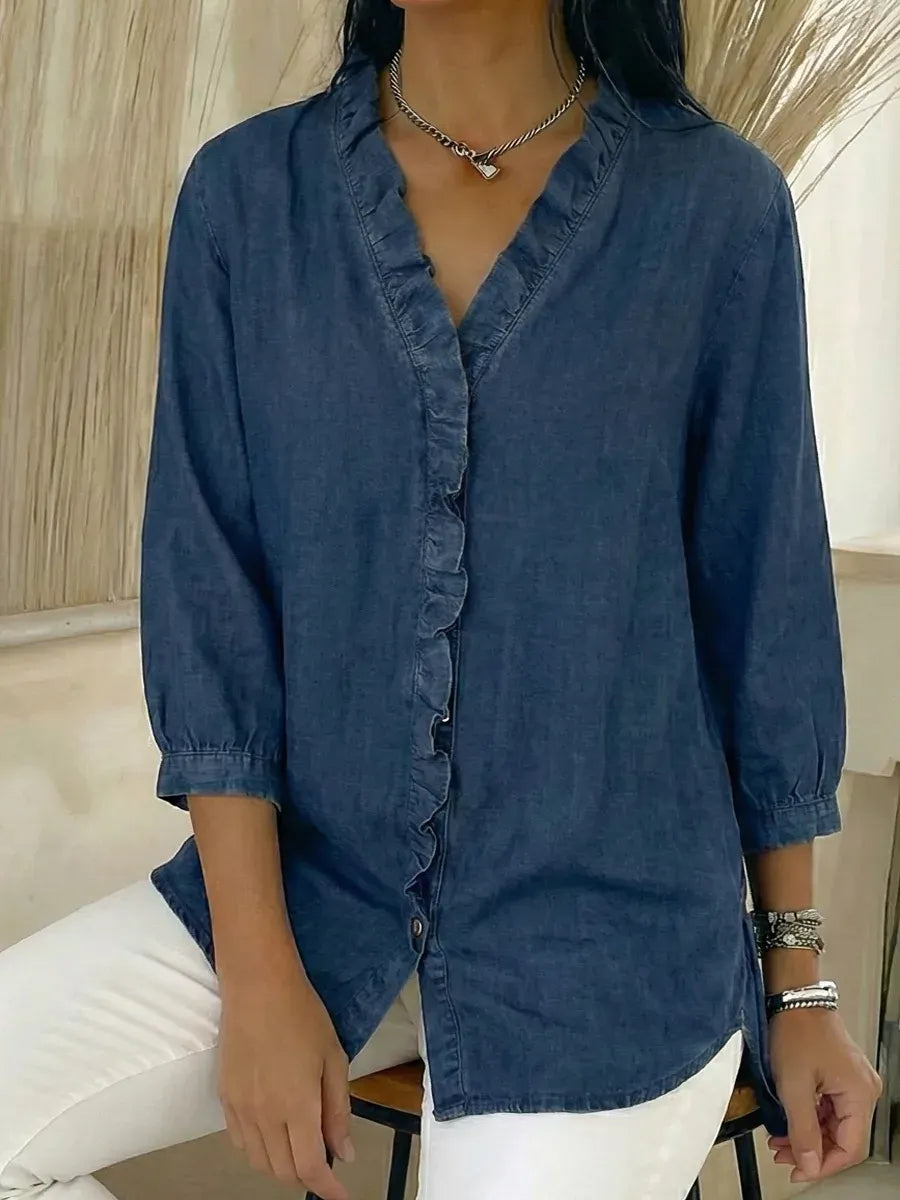 Women's Casual Denim V-Neck Ruffled Shirt