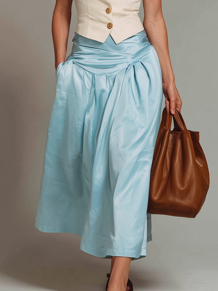 Chic Cream Vest & Dusty Blue Ruched Midi Skirt Two-Piece Set