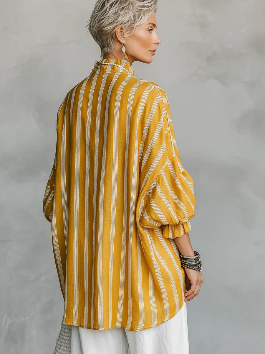 Women's Vintage Casual Linen Blend Vertical Stripes Mandarin Collar, and Lantern Sleeves Loose Blouse