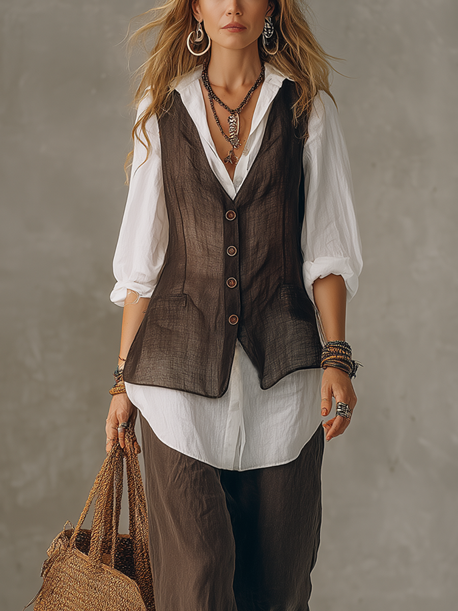 Bohemian Lightweight Linen Vest  Shirt Layering Set