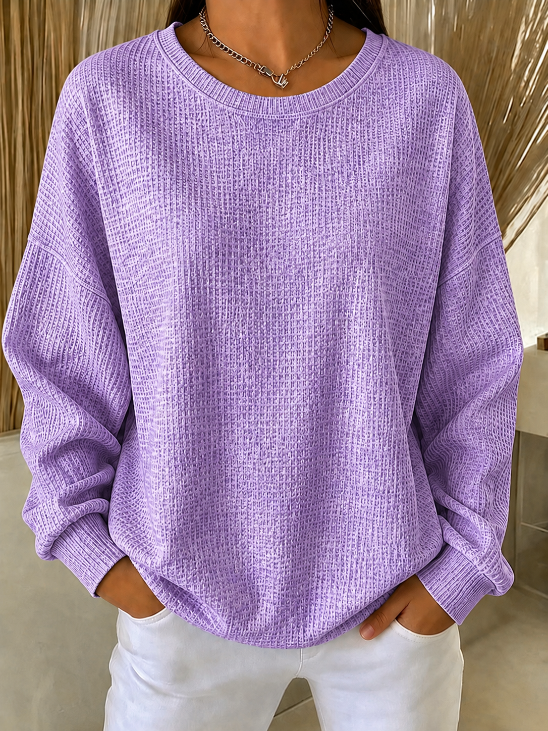 Women's Solid Waffle Knit Crew Neck Long Sleeve Oversized Sweatshirt
