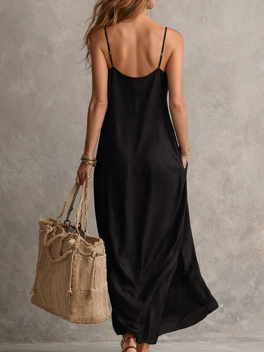 Midnight Muse Flowing Black Slip Dress
