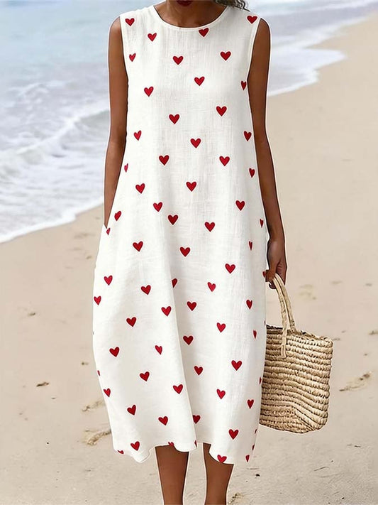Women'S Casual Sleeveless Dress With Heart Print And Round Neckline