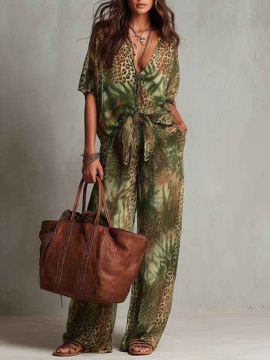 Modern Olive Green & Leopard V-Neck Belted Pant Set