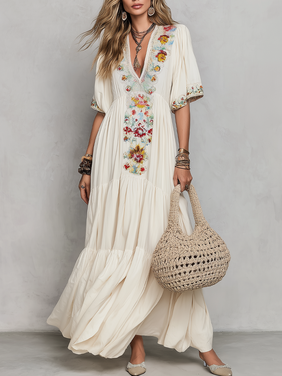 Colorful Floral Embroidered V-Neck Tiered Maxi Dress