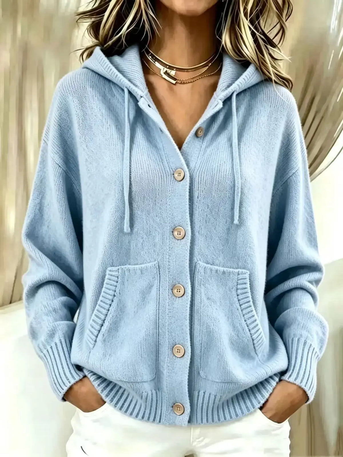 Hooded Button‐Front Knit Cardigan