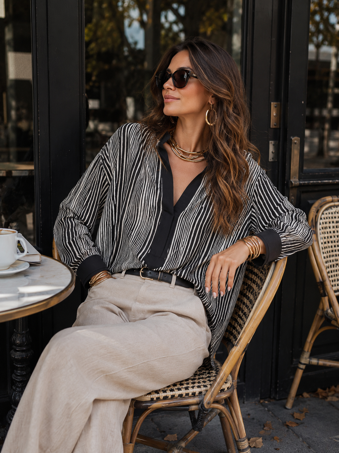 Refined Black Striped Split-Neck Blouse