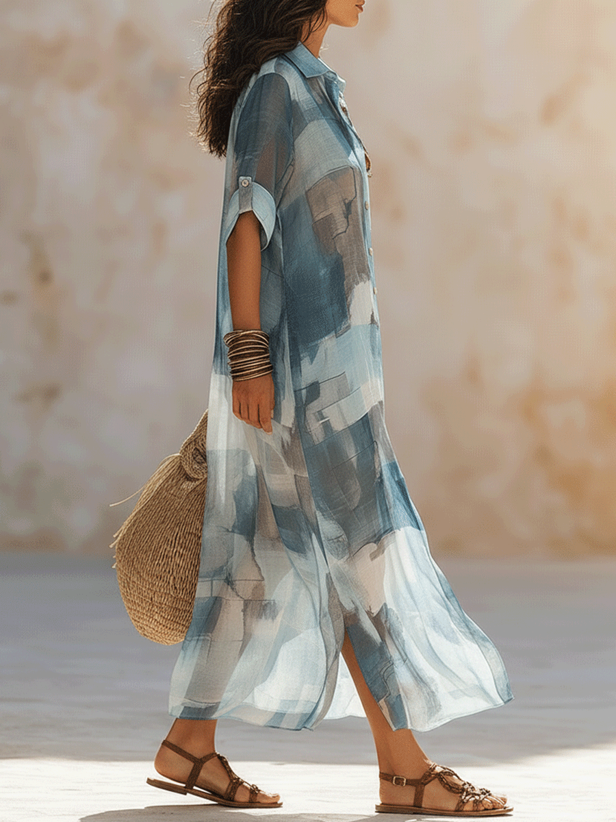 Effortless Boho Abstract Print Sheer Button-Front Flowy Maxi Shirt Dress