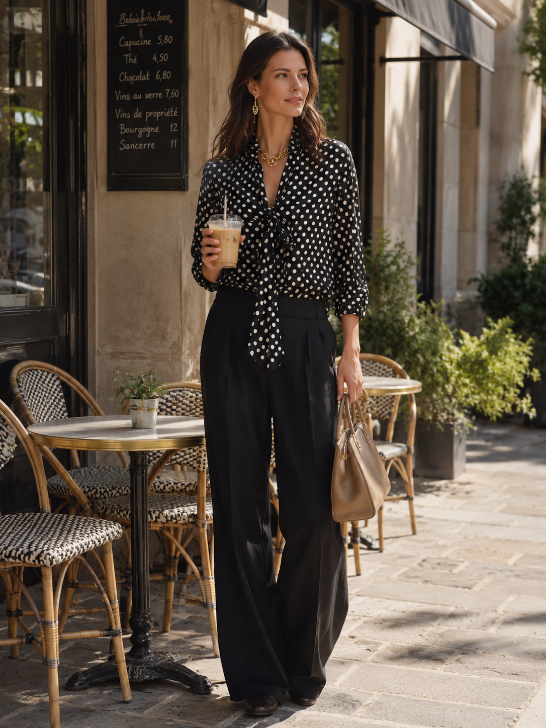 Effortless Glam Satin Polka-Dot Bow-Front Long-Sleeve Black Blouse