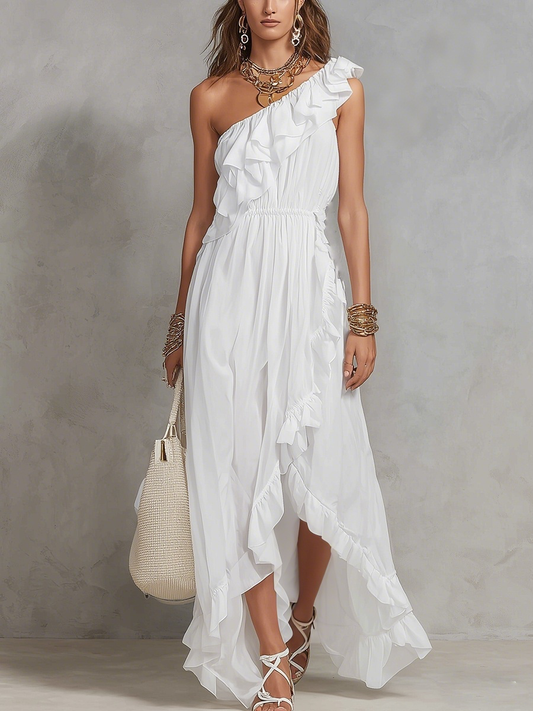 Bohemian White One Shoulder Ruffled Maxi Dress
