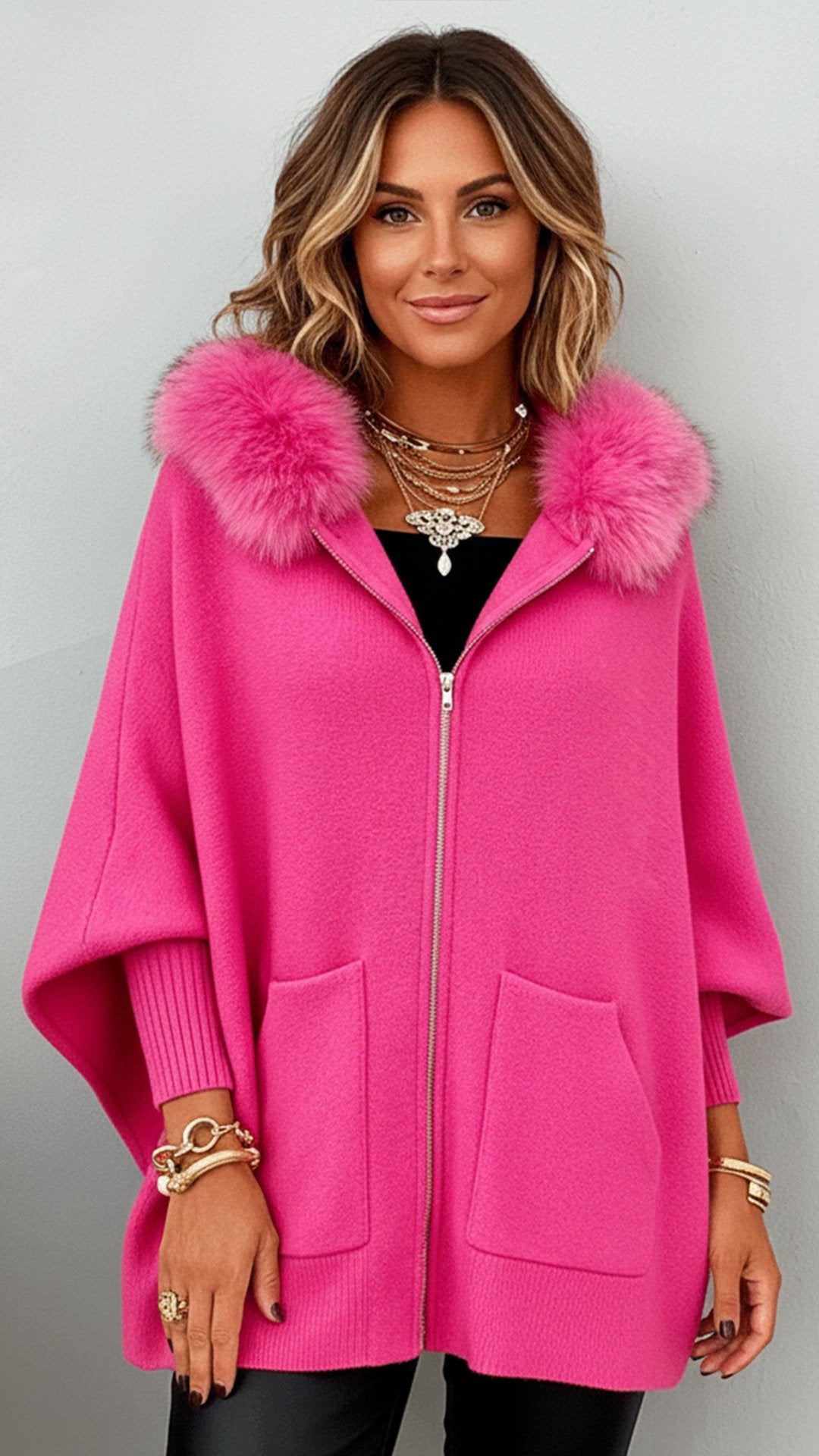 Women'S Casual Loose Hooded Fur Collar Cardigan Jacket