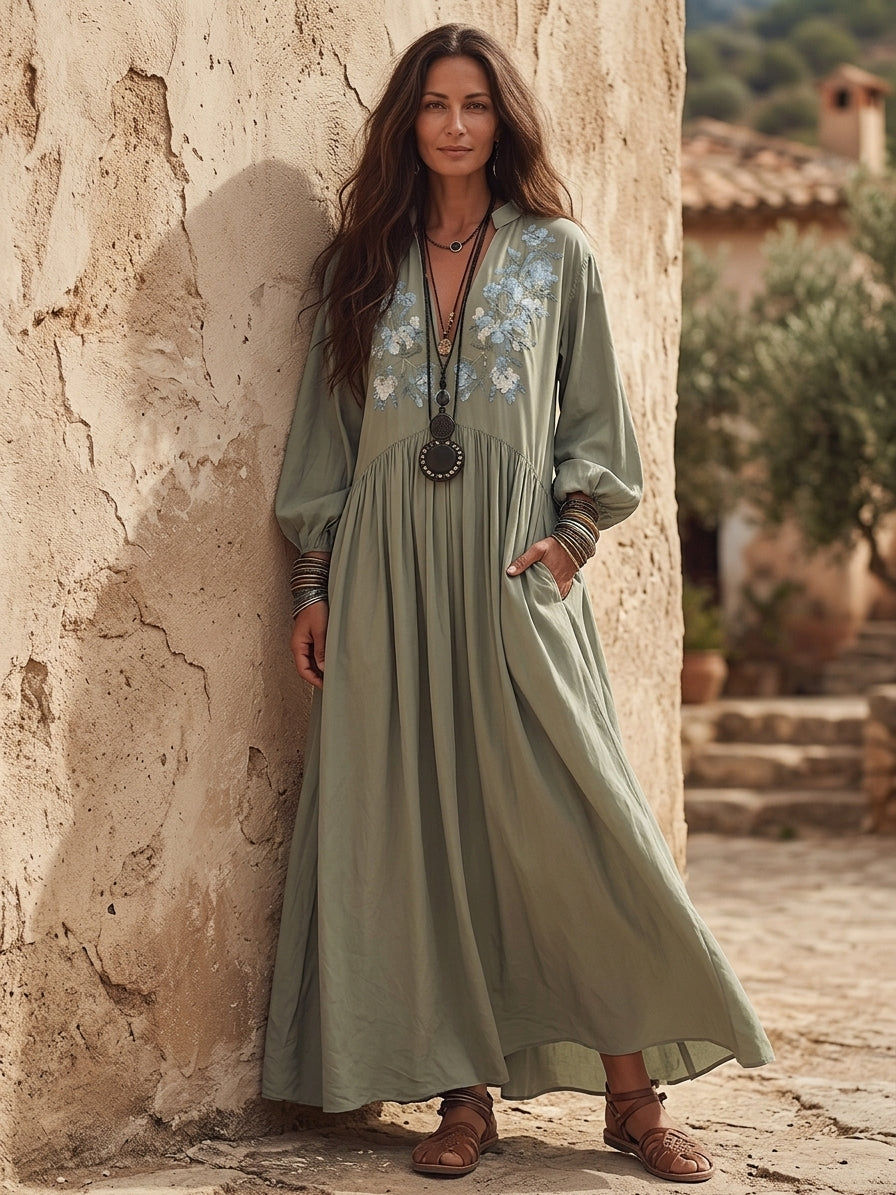 Vintage Textured Cotton Embroidered-Yoke Flowy Maxi Dress