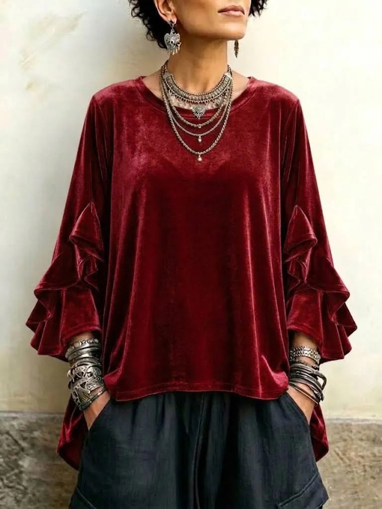 Velvet Ruffle-trim Flared-sleeve Crew-neck Top