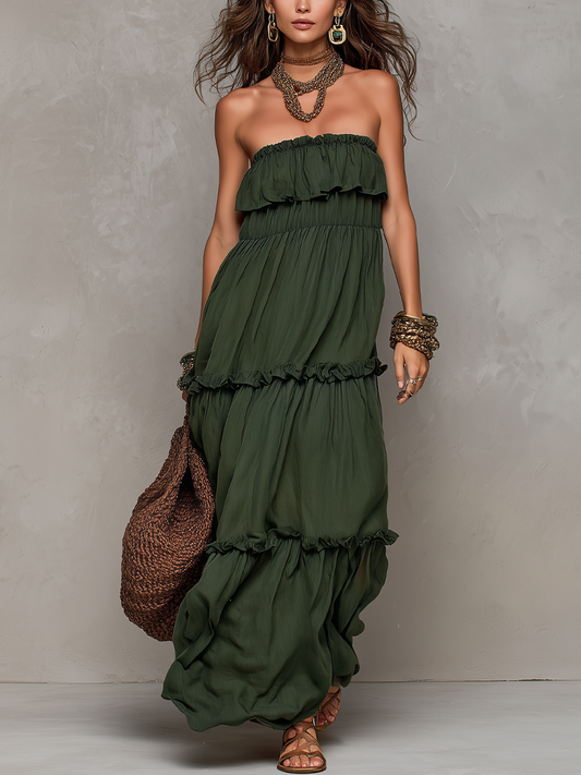 Bohemian Style Olive Green Ruffled Tiered Maxi Dress