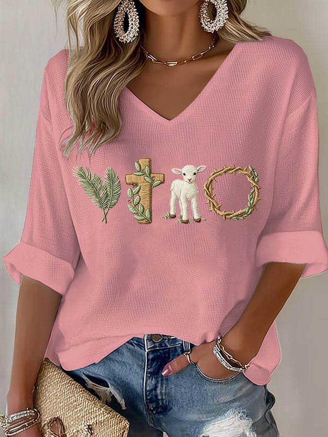 Women's True Easter Lamb Crown of Thorn Cross Palm Print T-Shirt