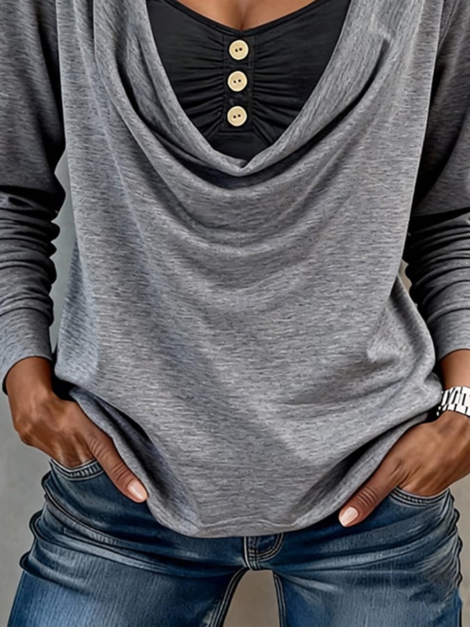 Women'S Casual Round-Neck Color-Block Patchwork Shirt