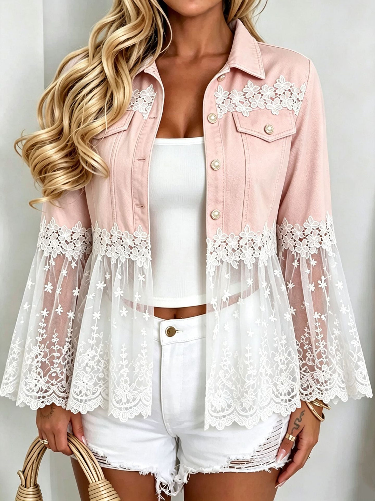 Light Blue Lace Trim Denim Jacket