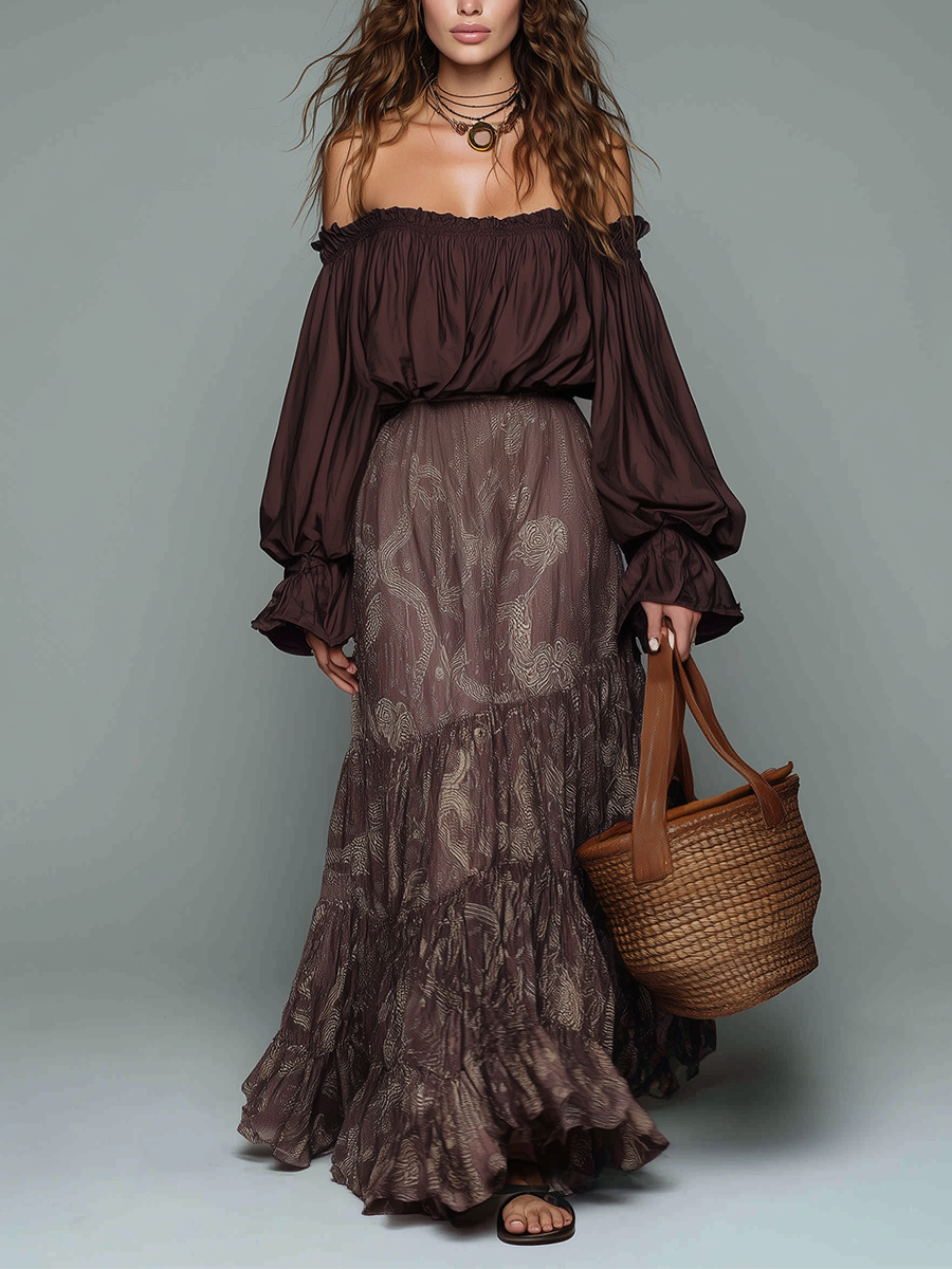 Boho Off-Shoulder Puff-Sleeve Top & Printed Ruffled Maxi Skirt  Set