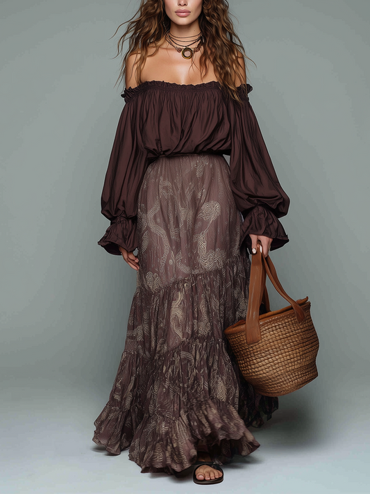 Boho Off-Shoulder Puff-Sleeve Top & Printed Ruffled Maxi Skirt  Set