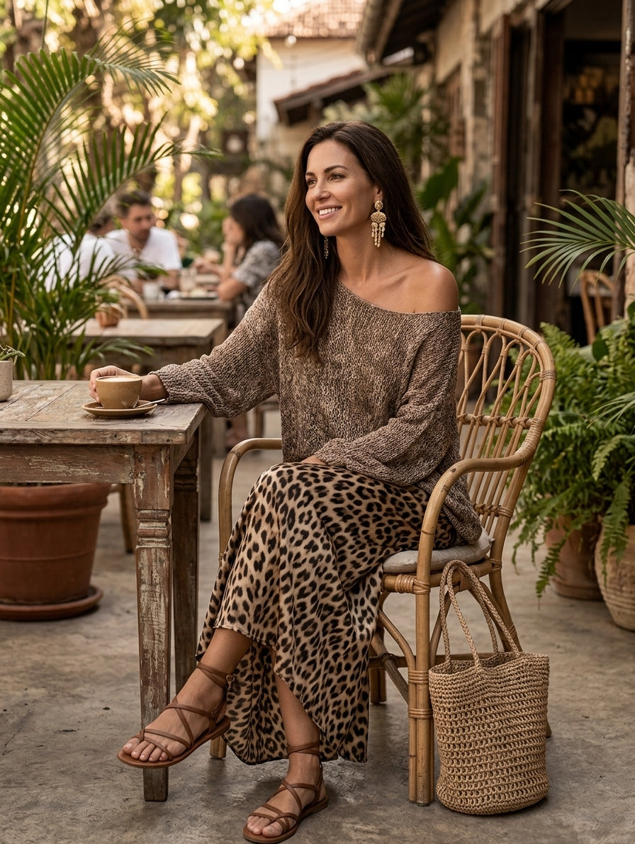 Effortless Chic Open-Knit Off-Shoulder Sweater & Leopard-Satin Brown Two-Piece Set