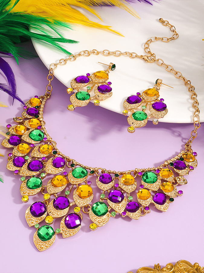Mardi Gras Carnival Necklace And Earrings Set With Three-Color Rhinestones, Party Jewelry Set.