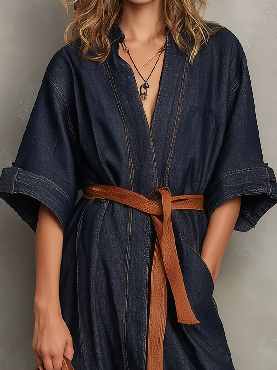 Polished V-Neck Tie-Waist Denim Maxi Dress