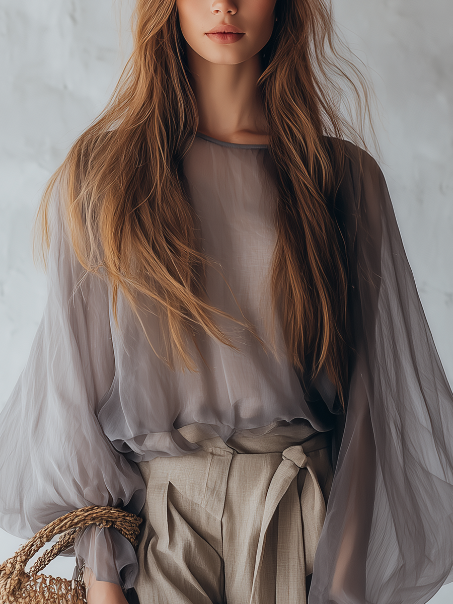 Gray Sheer Top With Puff Sleeves