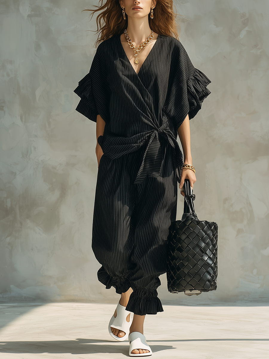 Modern Black Pinstriped Wrap-Front Set