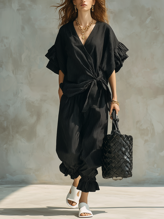 Modern Black Pinstriped Wrap-Front Set